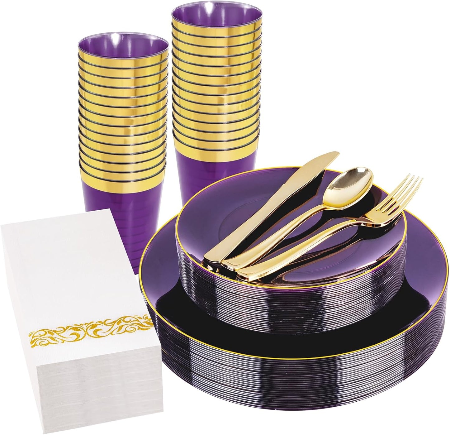 YOUBET 175PCS Purple Plastic Plates - Purple and Gold Disposable Plates Include 50 Plate, 75 Silverware, 25 Cups, 25 Napkins for Wedding & Party