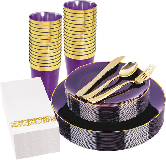 YOUBET 175PCS Purple Plastic Plates - Purple and Gold Disposable Plates Include 50 Plate, 75 Silverware, 25 Cups, 25 Napkins for Wedding & Party