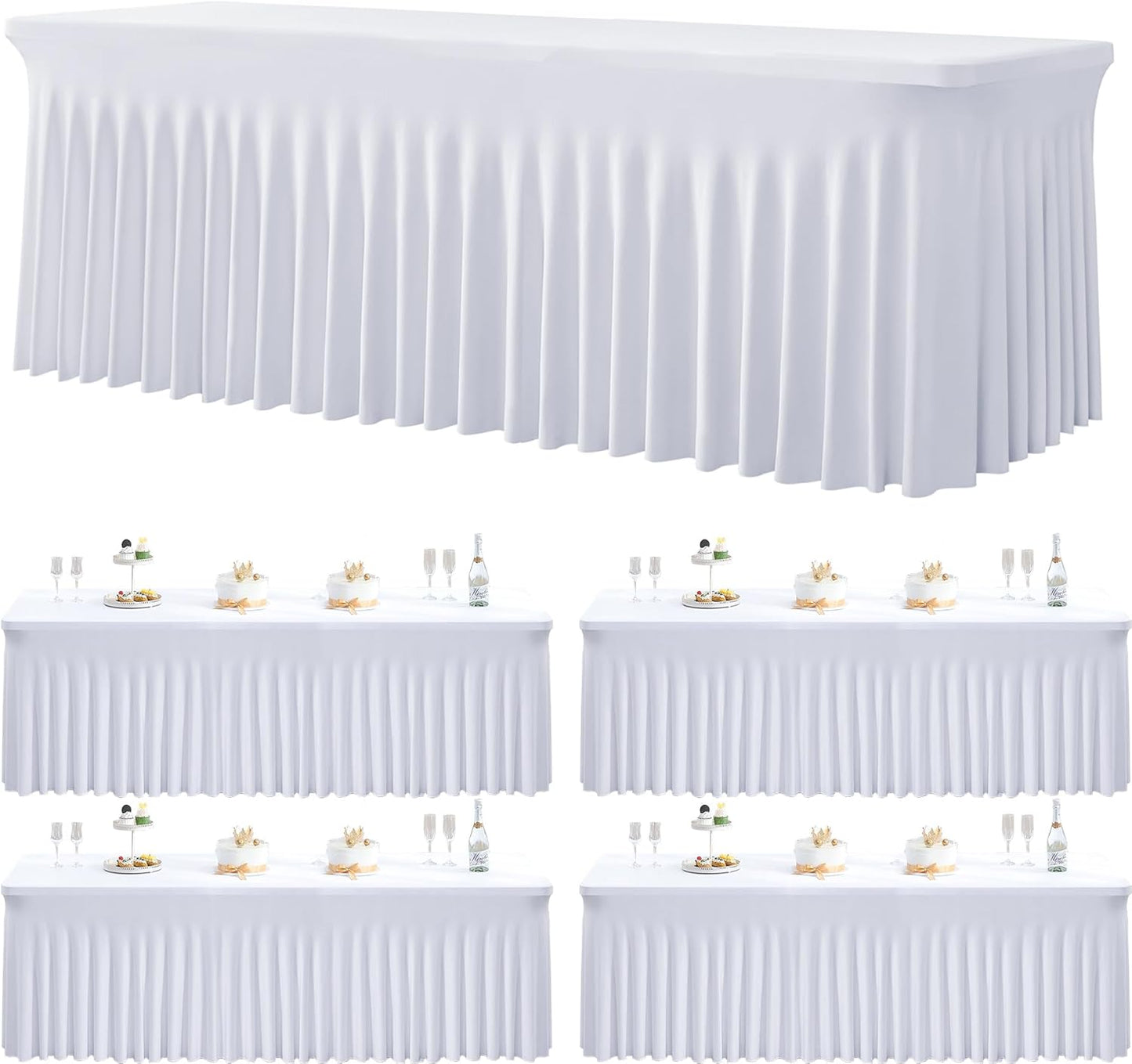 4 Pack Spandex White Tablecloths for 8 Foot Rectangle Tables, Wrinkle Free Fitted Table Cloth 8ft Stretchy Tablecover Desk Skirt for Parties Weddings Birthday Banquet Baby Shower