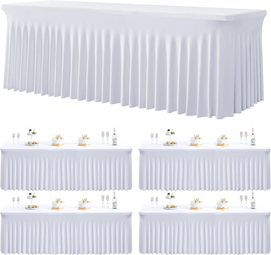 4 Pack Spandex White Tablecloths for 8 Foot Rectangle Tables, Wrinkle Free Fitted Table Cloth 8ft Stretchy Tablecover Desk Skirt for Parties Weddings Birthday Banquet Baby Shower