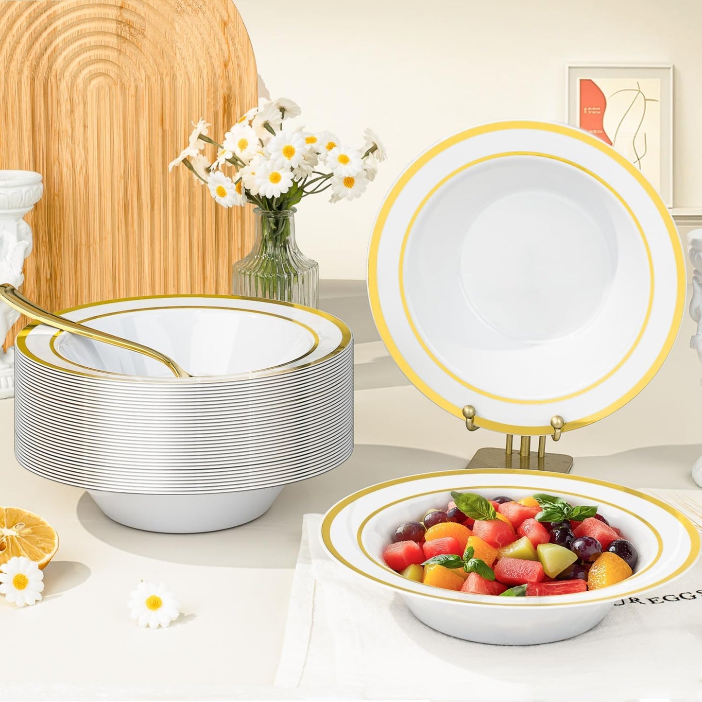 BESTVIP 200 Pack Plastic Bowls with Gold Rim, 12 Oz Disposable Bowls Disposable Bowls for Parties, Wedding, Christmas, Thanksgiving, Soak Proof Bowls for Breakfast, Lunch, and Dinner Meals