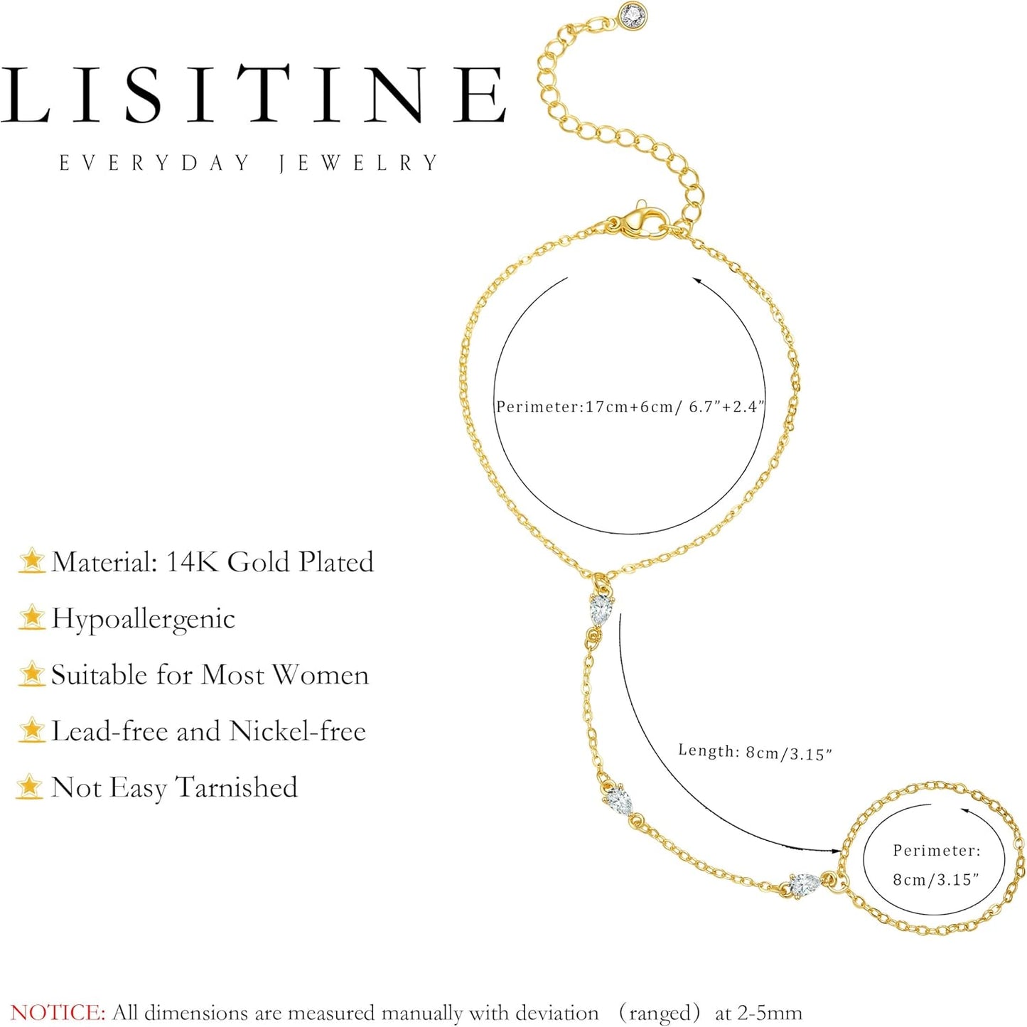 Listine Hand Chain Bracelet 14K Gold Plated Ring Bracelet Hand Chain Trendy Stuff for Women Dainty Hand Bracelets with Finger Ring Hand Jewelry for Women