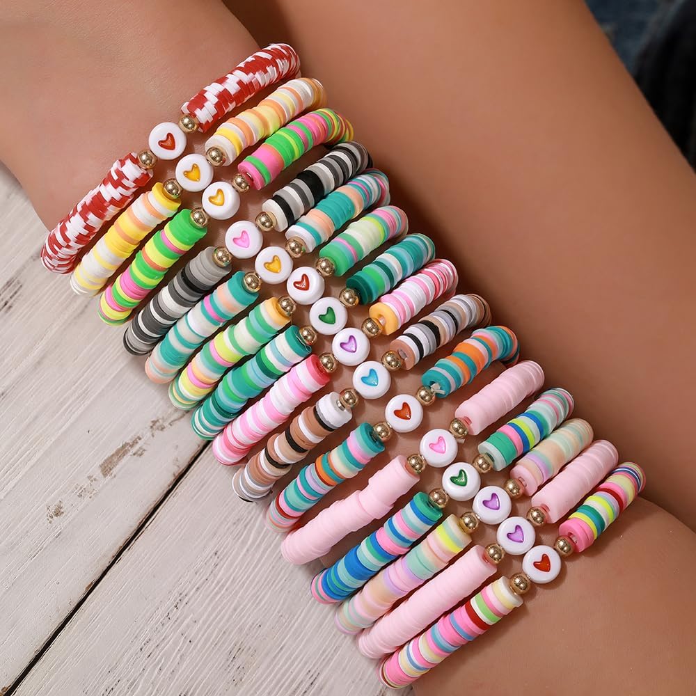 Friendship Bracelets Boho Stackable Bracelets for Women Surfer Heishi Clay Bead Bracelets Stretch Preppy Bracelets Colorful Boho Bracelets for Women