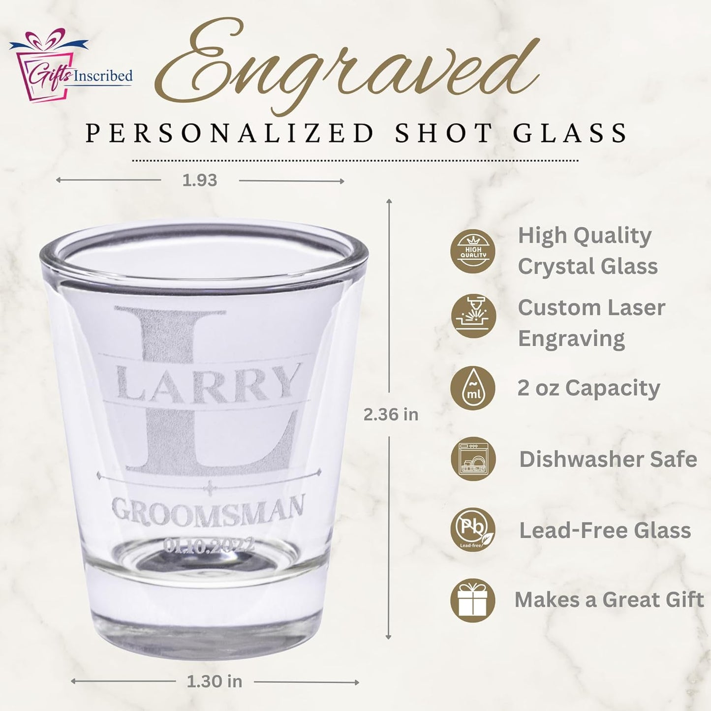 Gifts Inscribed Personalized Shot Glasses Set of 2 – Custom Engraved Groomsmen Glasses – Wedding, Bachelor Party, Drinking Gift for Men, Whiskey Vodka Tequila Shooters