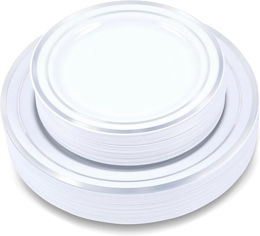120-Piece Plastic Dinner & Salad Plates Set - Premium Disposable Plates for Party - White with Silver Rim
