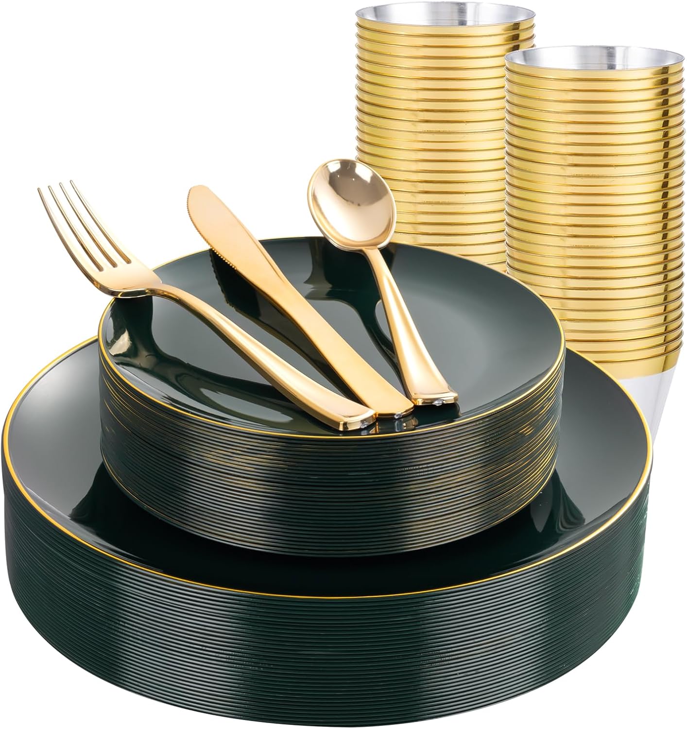 WDF 150Pcs Green Plastic Plates - Green Plates Disposable with Gold Rim - 25Guest Disposable Dinnerware Include 50 Christmas Plastic Plate, 75 Gold Cutlery & 25 9oz Cups for Christmas & Parties