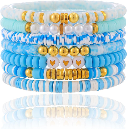 Friendship Bracelets Trendy Heishi Clay Bead Bracelets Stack Gold Beaded Stretch Bracelets for Women Boho Stackable Bracelets Bulk Cute Preppy Jewelry