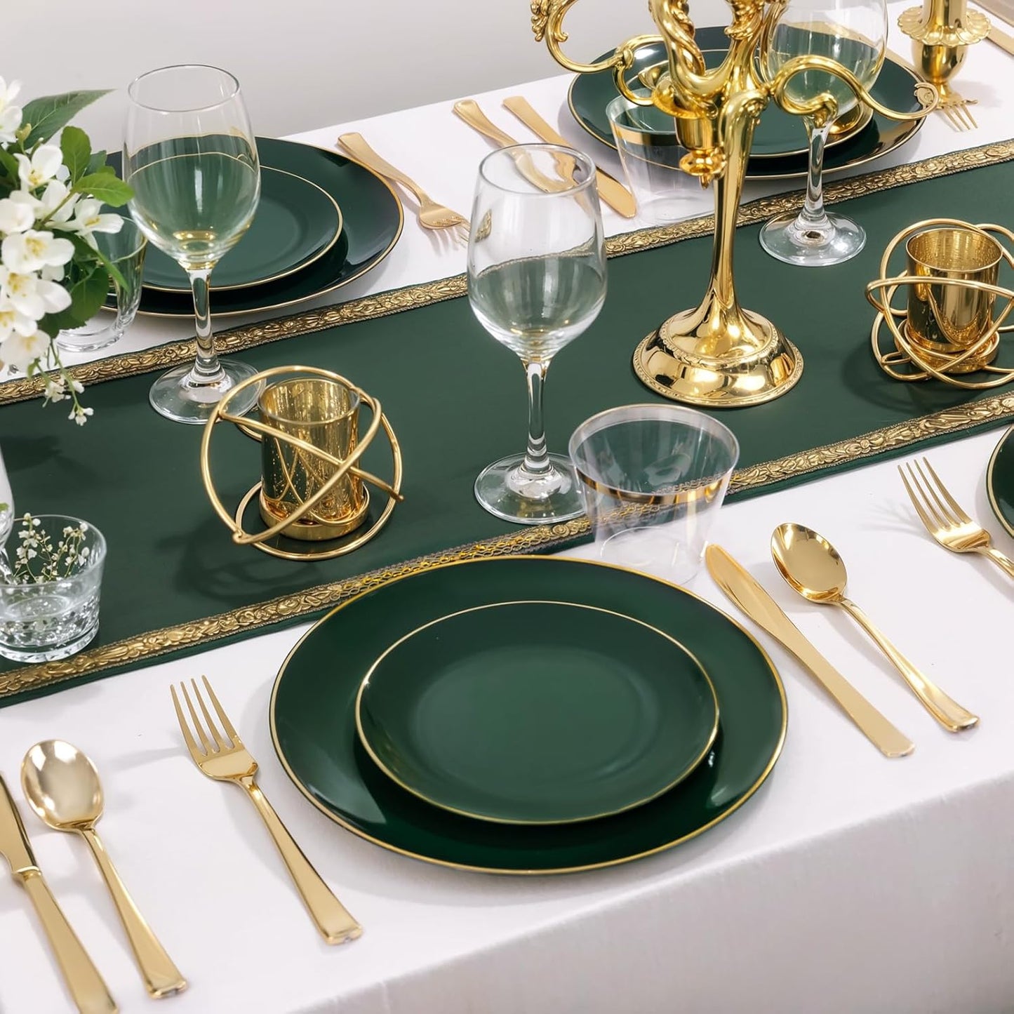 WDF 150Pcs Green Plastic Plates - Green Plates Disposable with Gold Rim - 25Guest Disposable Dinnerware Include 50 Christmas Plastic Plate, 75 Gold Cutlery & 25 9oz Cups for Christmas & Parties