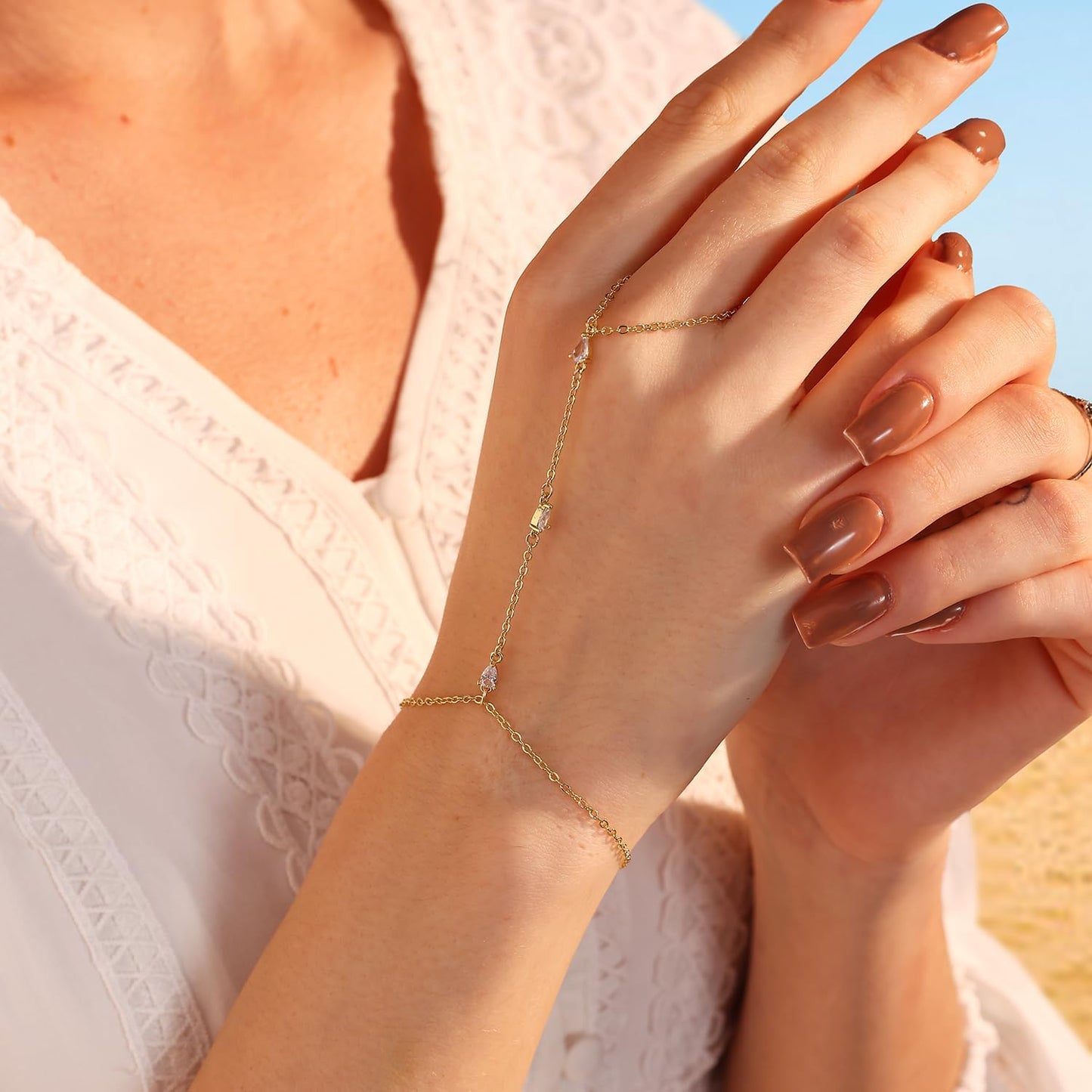 Listine Hand Chain Bracelet 14K Gold Plated Ring Bracelet Hand Chain Trendy Stuff for Women Dainty Hand Bracelets with Finger Ring Hand Jewelry for Women