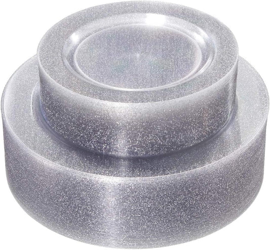 WDF 120PCS Silver Plastic Plates- Disposable Silver Glitter Plates, Premium Heavy Duty 60-10.25" Dinner Plates and 60-7.5" Salad Plates for Christmas Parties &Wedding