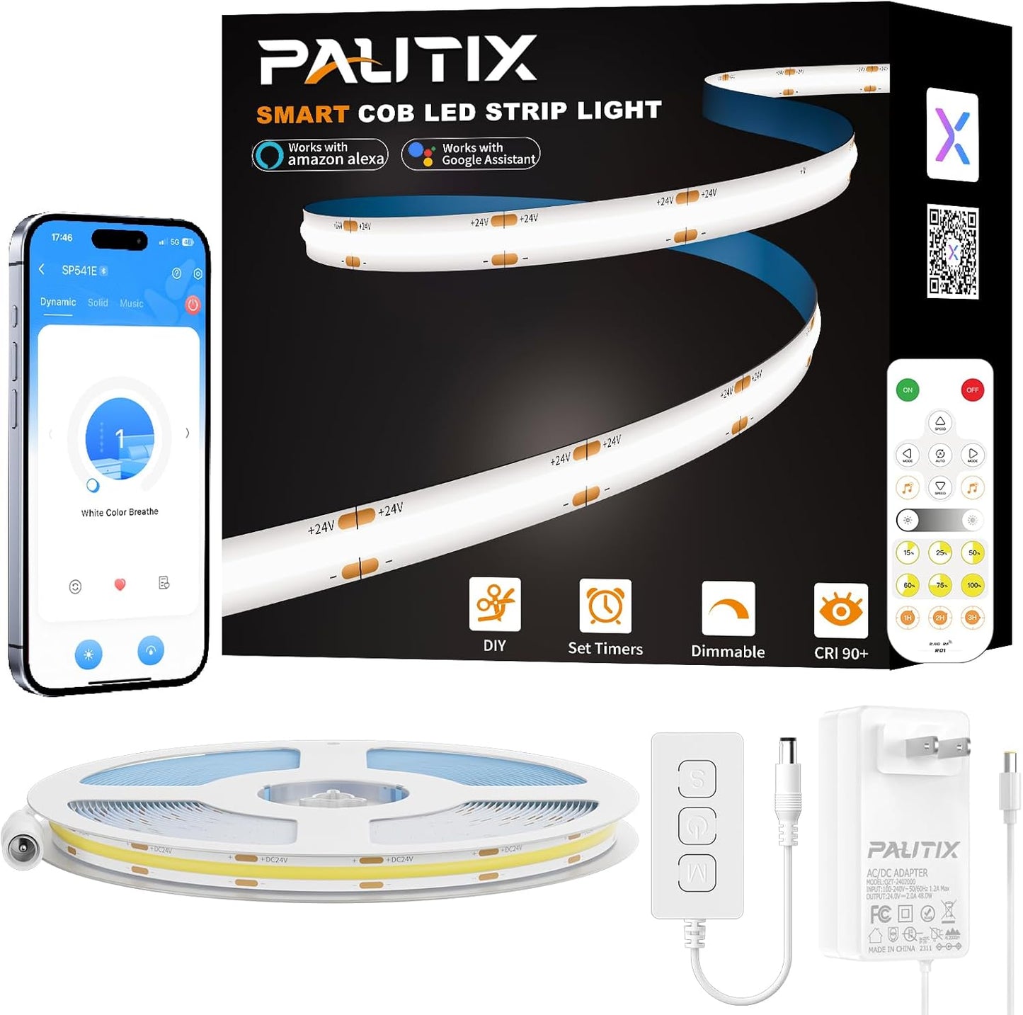 PAUTIX COB LED Strip Light 32.8ft/10m,Work with Alexa/Google Assistant,4800LEDs Dailylight White 6000K,CRI93+ Super Bright High Lumen,Dimmable 24V Flexible LED Tape Light,for Home&Office DIY Lighting