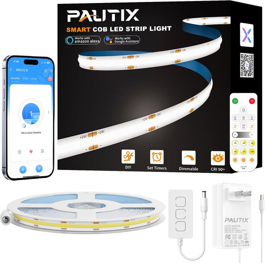 PAUTIX COB LED Strip Light 32.8ft/10m,Work with Alexa/Google Assistant,4800LEDs Dailylight White 6000K,CRI93+ Super Bright High Lumen,Dimmable 24V Flexible LED Tape Light,for Home&Office DIY Lighting