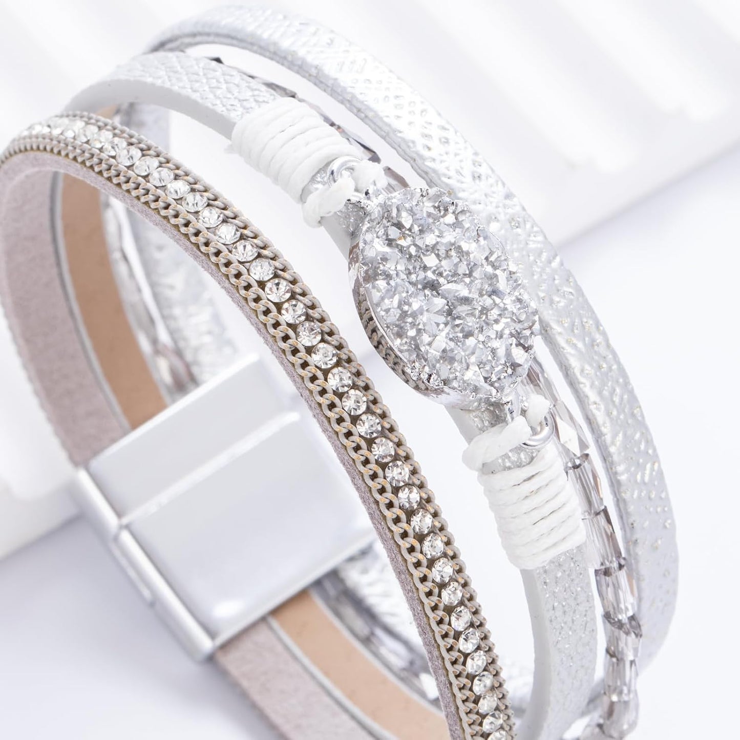 FANCY SHINY Leather Wrap Bracelet Boho Cuff Bangle Bracelets Crystal Bead Bracelet with Magnetic Clasp Jewelry Gifts for Women