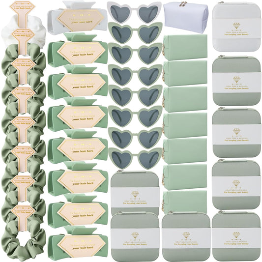 Bridesmaid Scrunchies Proposal Gifts Bachelorette Hair Claws Clips Girls heart sunglasses for Wedding Party Favors (40, White&Sage Green box)