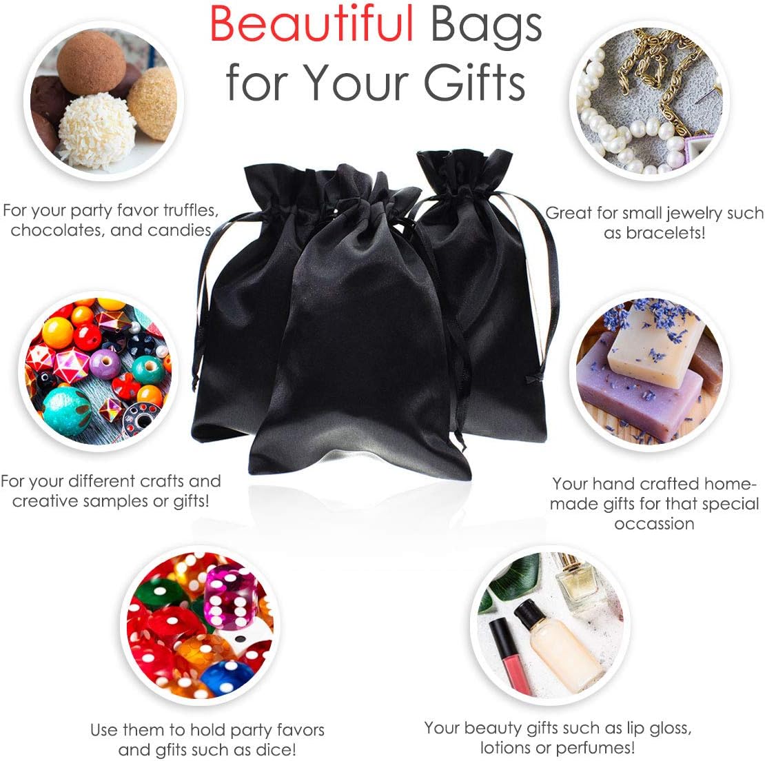 6" x 9" Black Satin Gift Bags, Jewelry Bags, Wedding Favor Drawstring Bags Baby Shower Christmas 50 per Pack
