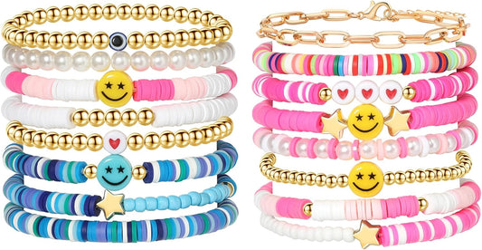 Preppy Bracelets Set Colorful White Gold Smile Heart Star Polymer Beaded Pearl Clay Stackable Charm Y2K Kidcore Aesthetic Summer Beach Bohemian Stretch Layering Bracelets Jewelry for Girls Women Teens
