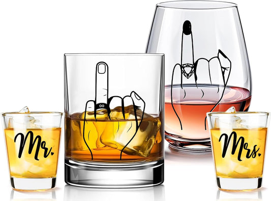 Funny Engagement Gift Set – 4PCS Mr and Mrs Glasses with Ring Finger Wine Glass & Whiskey Glass – Shot Glasses for Newly Engaged Couple – Bridal Shower, Wedding, Bachelorette Gifts for Him & Her