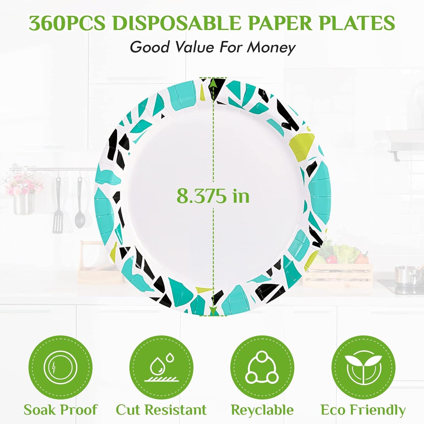 FOCUSLINE 360 Pack Paper Plates 8.375 Inch, Disposable Paper Plate Bulk 360 Count, Soak-Proof & Cut-Proof Bulk Plate for Parties, Picnic and Family Gatherings.