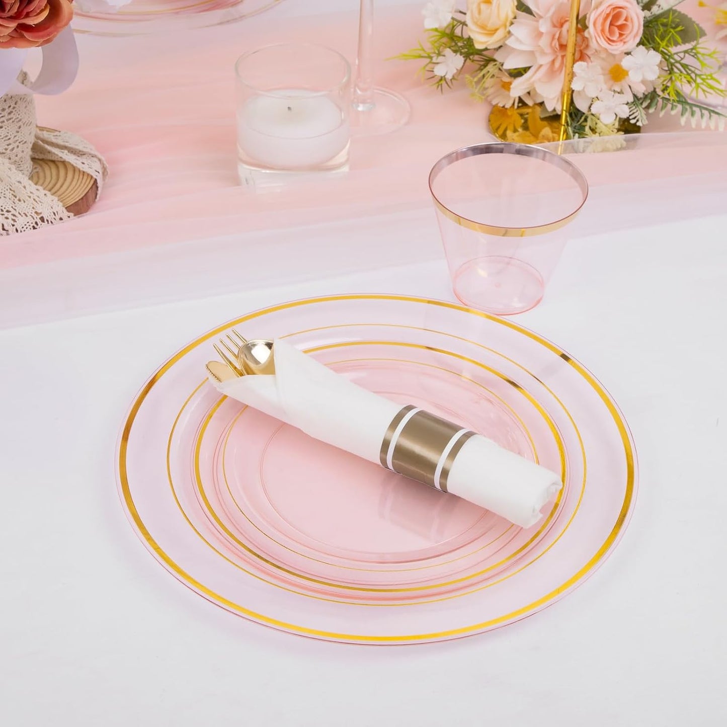 WELLIFE 350Pcs Clear-Pink Plastic Dinnerware- Pink and Gold Plastic Dinnerware include 50 Dinner Plates, 50 Dessert Plates, 150 Gold Silverware, 50 Cups and 50 Napkins Perfect for Parties