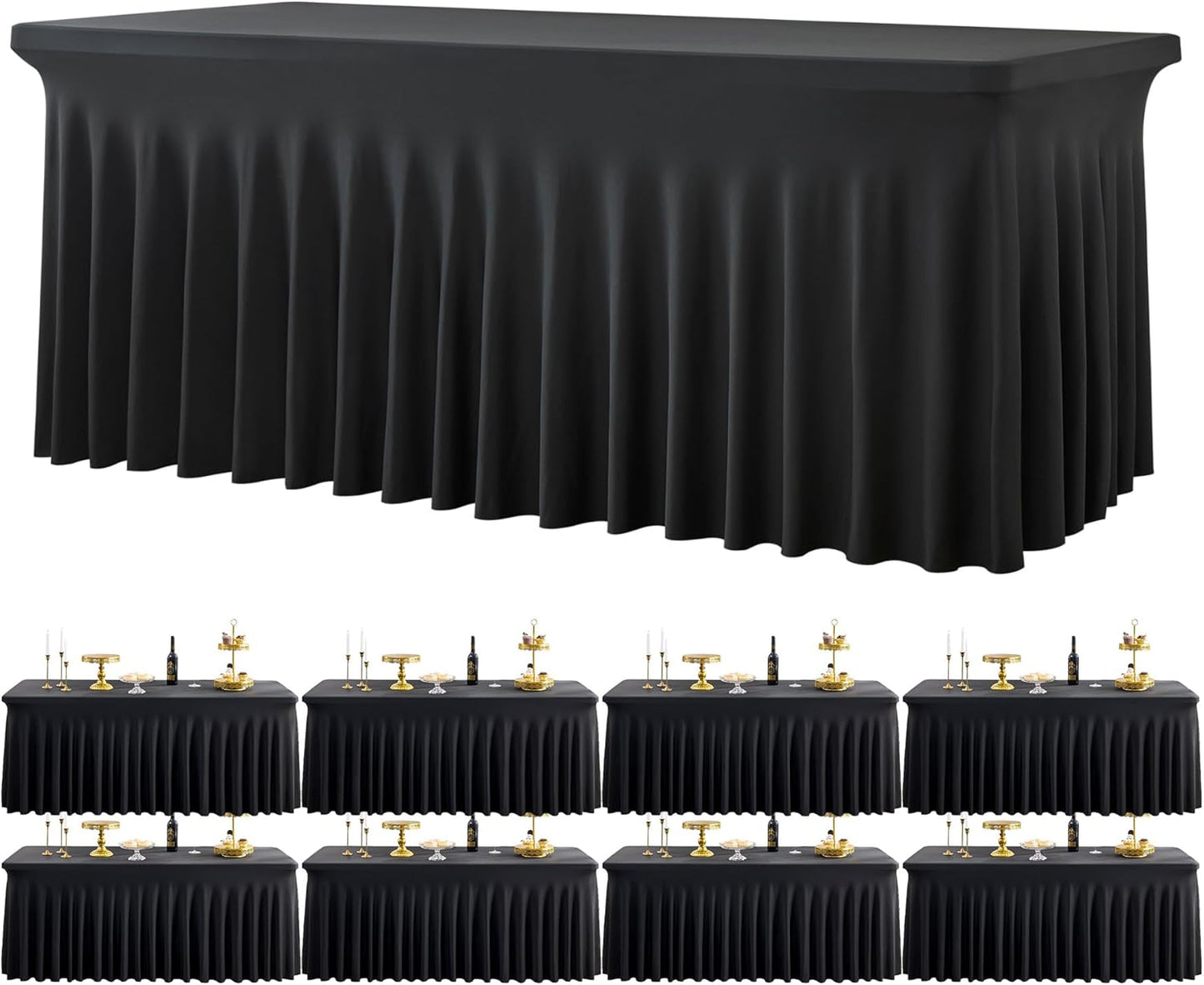 8 Pack Spandex Black Tablecloths for 6 Foot Rectangle Tables, Stretch Table Cloth 6ft Fitted Tablecover Desk Skirt for Parties Weddings Birthday Banquet Baby Shower