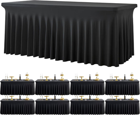 8 Pack Spandex Black Tablecloths for 6 Foot Rectangle Tables, Stretch Table Cloth 6ft Fitted Tablecover Desk Skirt for Parties Weddings Birthday Banquet Baby Shower