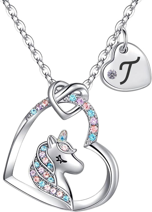 Unicorn Necklace for Girls Kids with Personalized Initial Heart Pendant, 18K Gold Fashion Jewelry for Girls, Colorful Heart Necklace for Birthday Gifts.