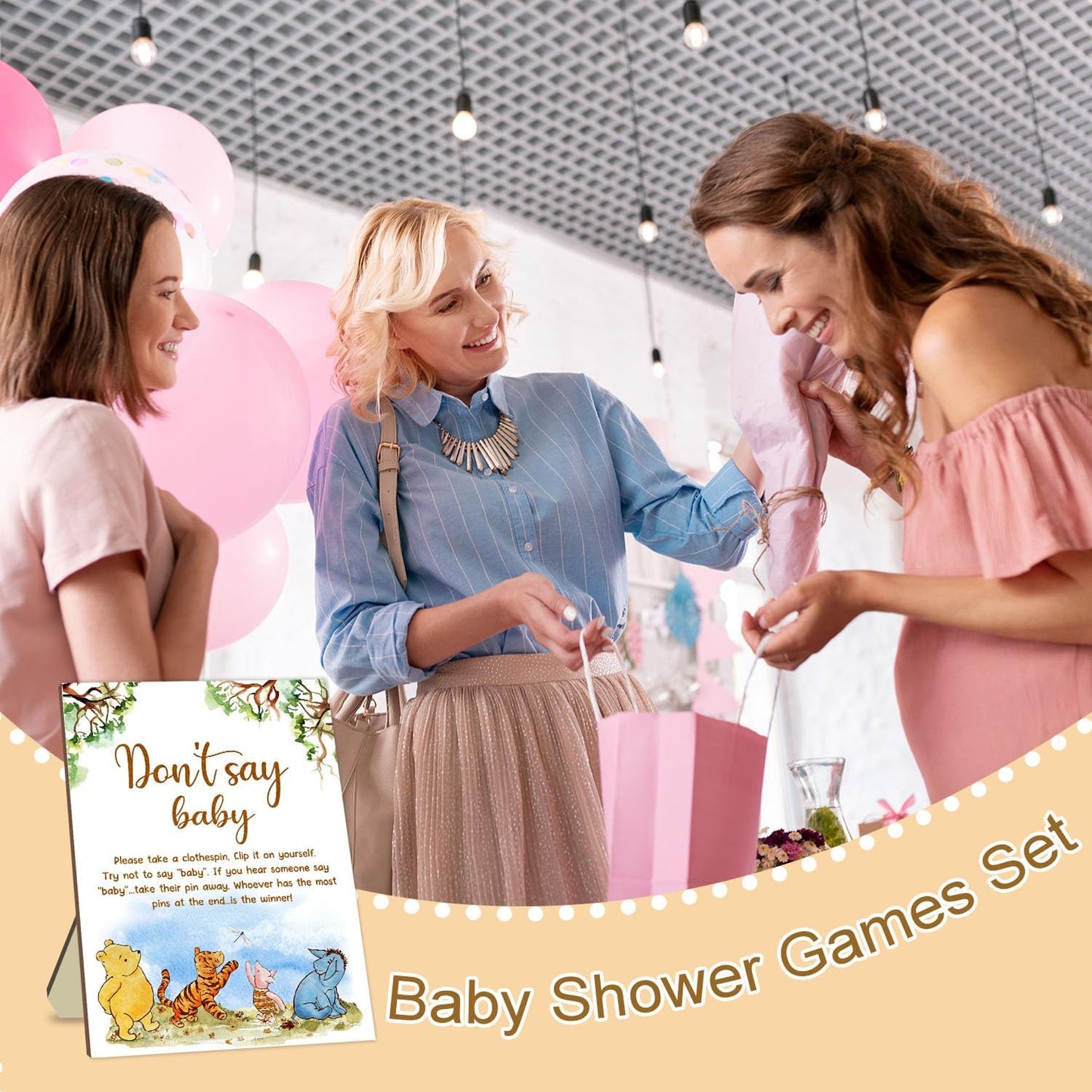 Winnie Don't Say Baby Game Set, 21Pcs Winnie Baby Shower Game Set, Don't Say Baby Game Sign and 20 Mini Bee Clothespins, Baby Shower Birthday Party Decorations Supplies