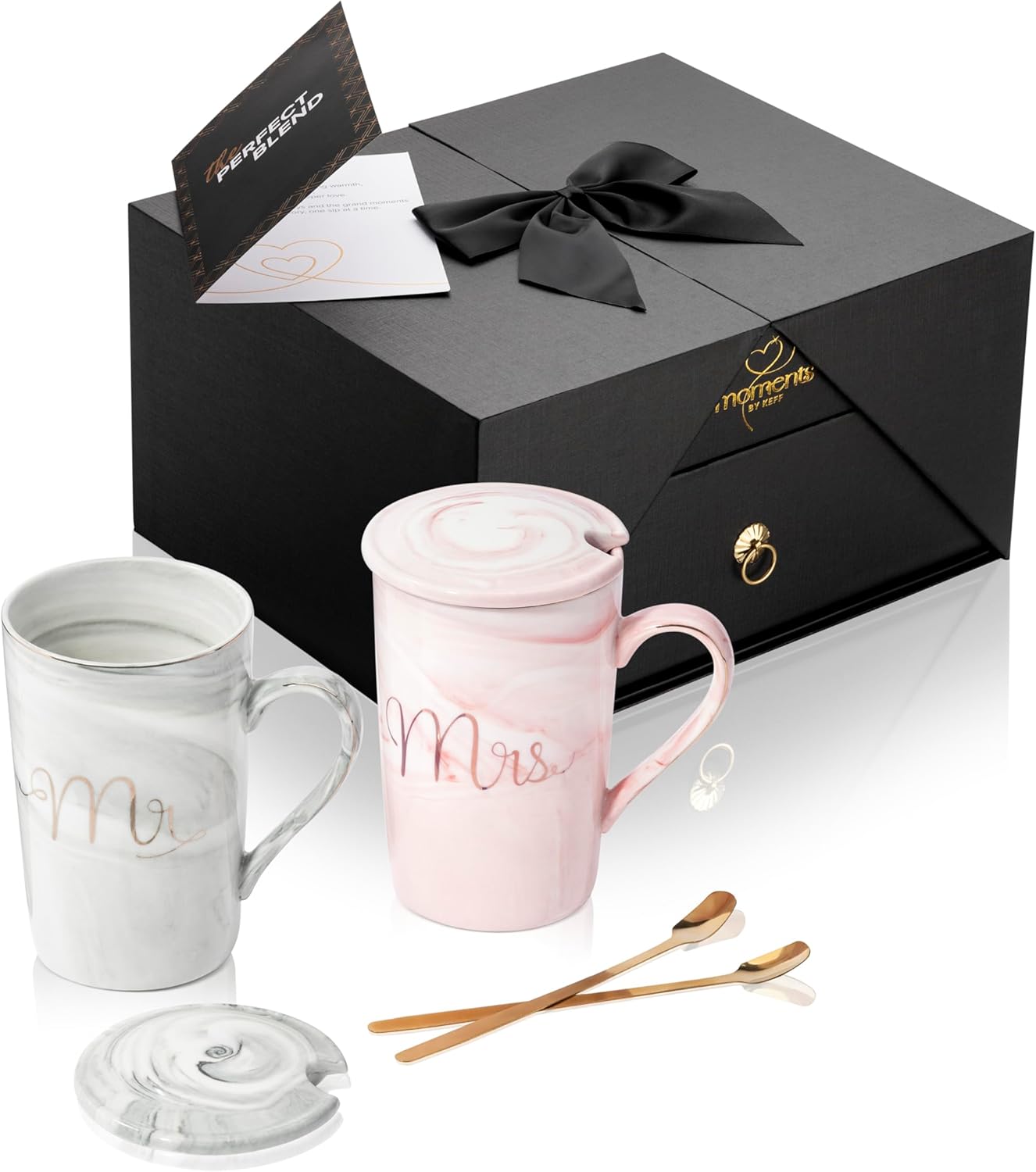 Mr & Mrs Coffee Mug Set of 2, 14oz Ceramic Mug with Lid & Teaspoon - Engagement Gifts for Couples Matching, Bridal Shower Gifts for Bride To Be - Just Married Couple Wedding Gift Ideas