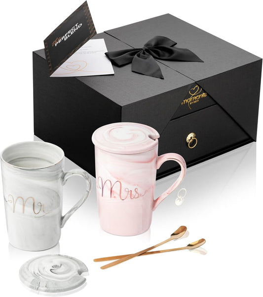 Mr & Mrs Coffee Mug Set of 2, 14oz Ceramic Mug with Lid & Teaspoon - Engagement Gifts for Couples Matching, Bridal Shower Gifts for Bride To Be - Just Married Couple Wedding Gift Ideas
