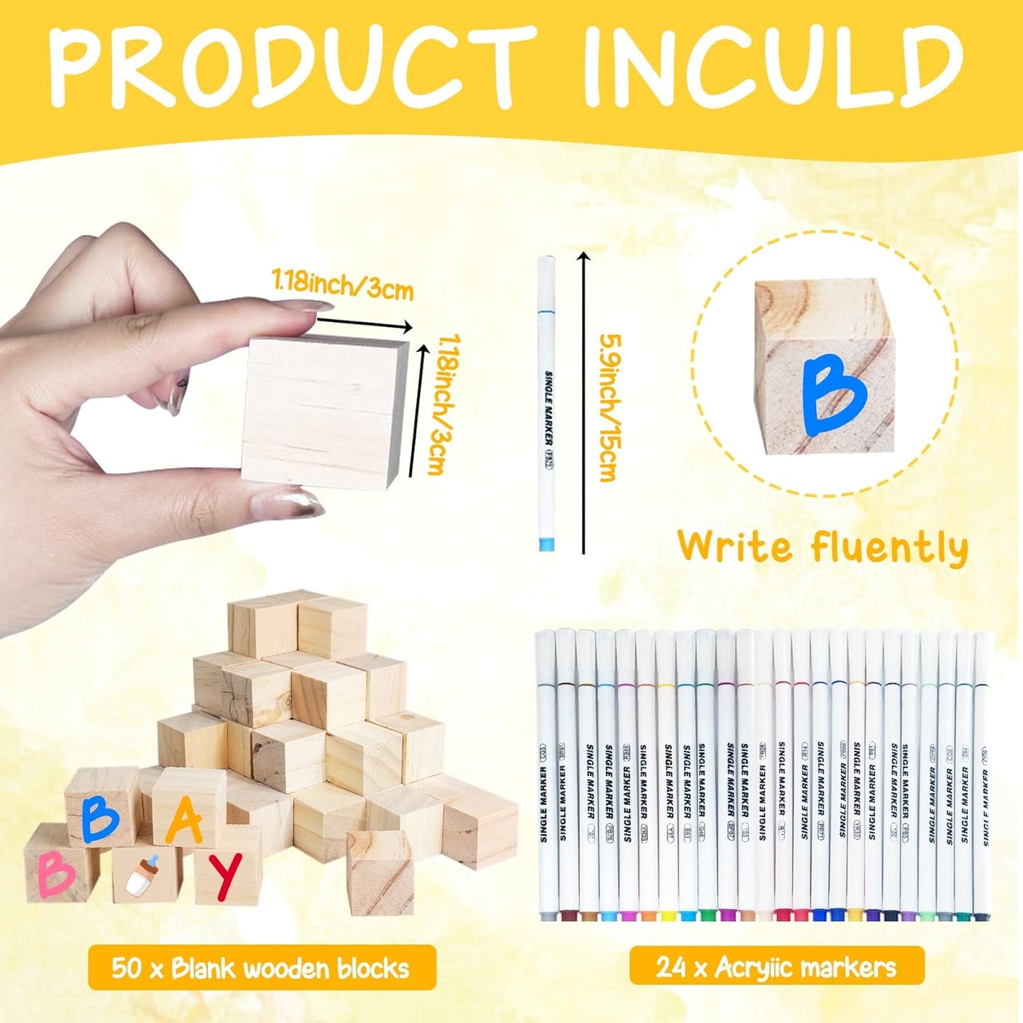 75 PCS Winnie Baby Shower Games Kit, The Pooh Baby Shower Decor, The Pooh Babies Games with 50 Blank Wooden Blocks & 24 Acrylic Paint Marker, Winnie Wooden Game Sign for Gender Reveal Party Decor