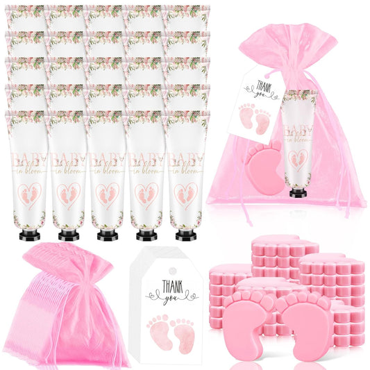 25 Sets Baby Shower Favors for Guests Hand Cream Baby Feet Scented Soap Party Favors Pink Baby Shower Guests Gifts with Organza Bags and Thanks Tags for Baby Shower Wedding Party