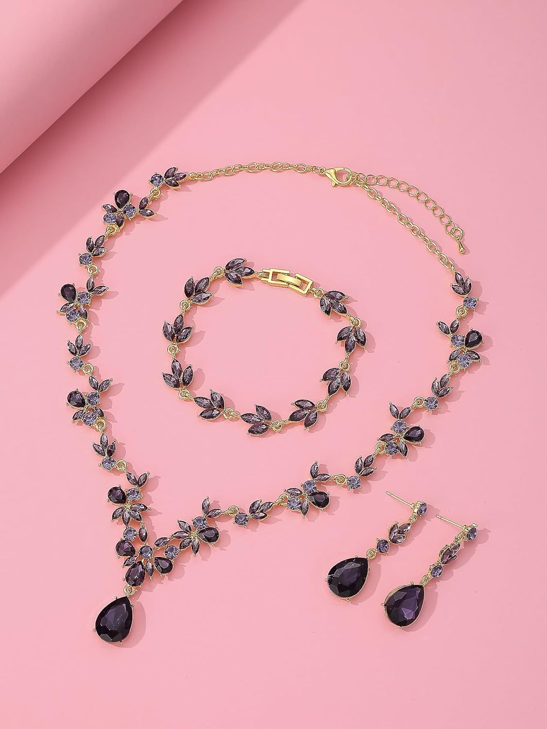 Bridal Wedding Elegant Floral Jewelry Set for Women/Brides/Bridesmaids Crystal Jewelry Set for Wedding Prom Party Bridal Crystal Necklace Earrings Bracelet Set