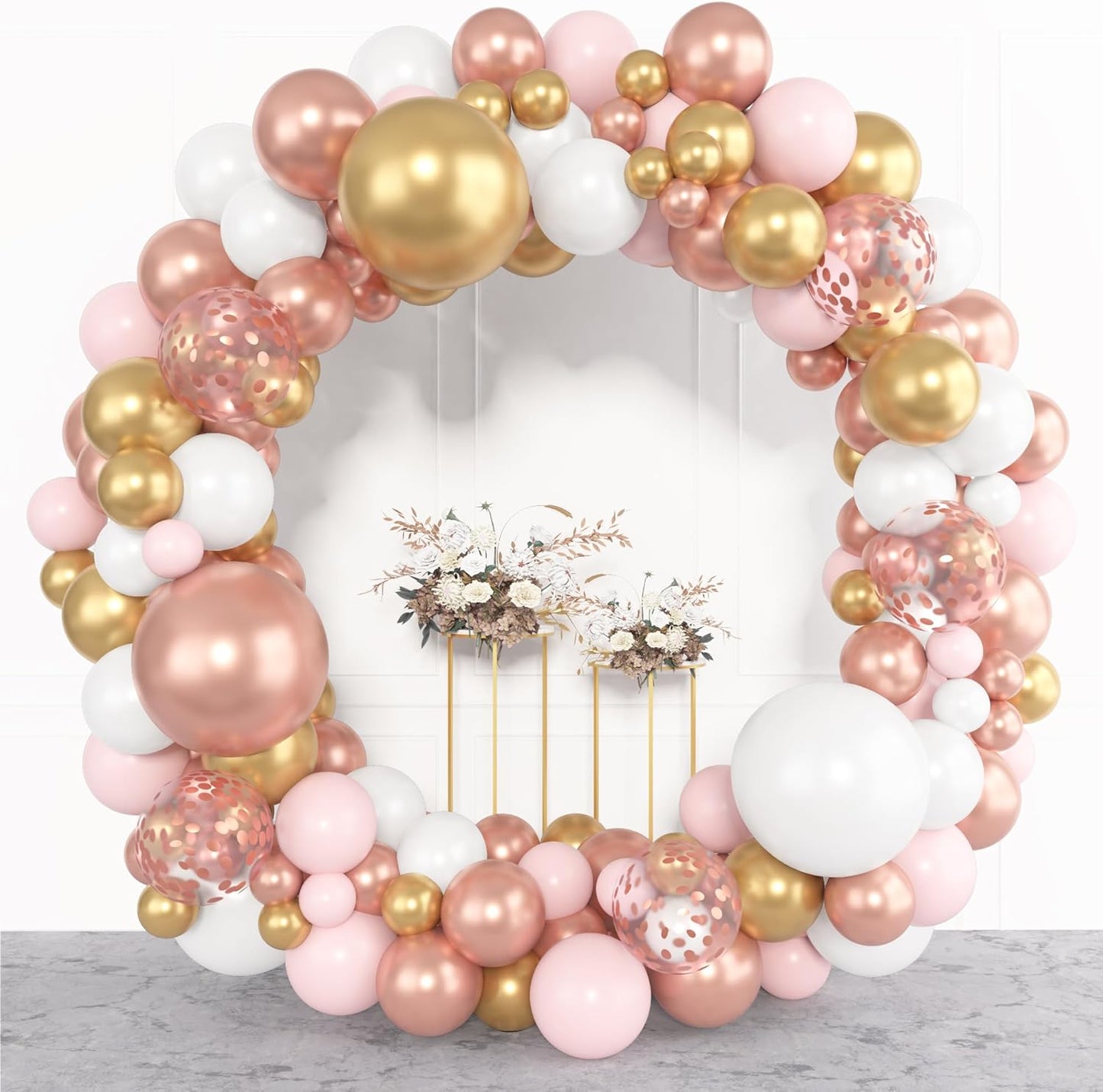 Amandir 153pcs Rose Gold Balloon Garland Arch Kit, Different Sizes 18 12 10 5 inch Pink White Gold Latex Metallic Confetti Balloons for Girls Graduation Birthday Bridal Baby Shower Party Decorations