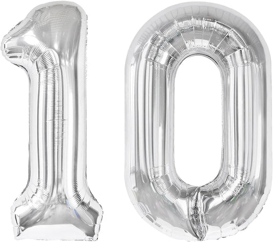 Silver Number 10 Balloon 40 Inch, 10th Birthday Party Decorations for Children, Giant 10 Foil Balloon for Party Supplies