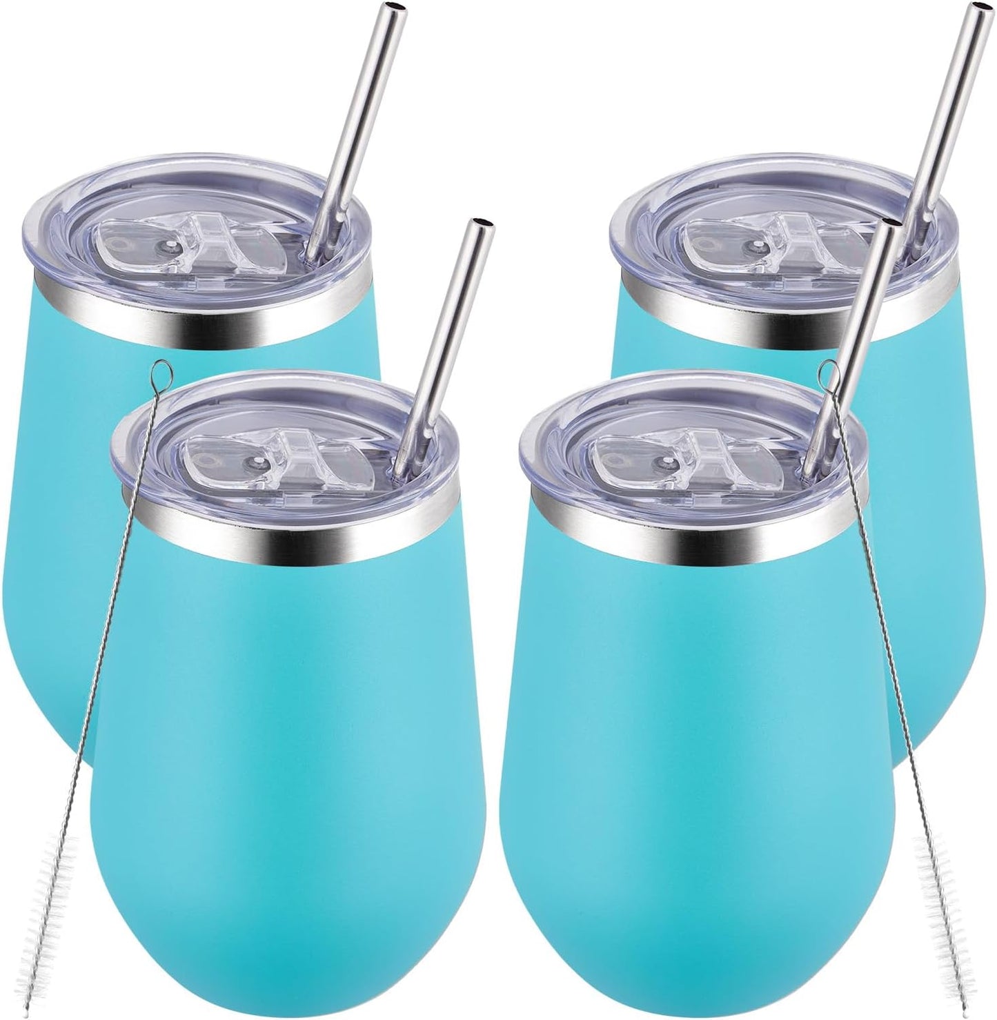 MEWAY Stemless 12oz Insulated Wine Tumbler with Lid and Straw - Double Wall Stainless Steel Thermal Cup for Hot and Cold Drinks, Ideal for Bridal and Baby Shower Game Prizes(Light Green,Set of 4)