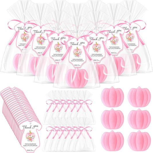 48 Sets Thanksgiving Pumpkin Soap Baby Shower Favor Thanksgiving Bridal Shower Favors Mini Pumpkin Soap Thanks Card Gift Bag with Ribbon for Autumn Guest Wedding Party Decor Gifts(Pink)