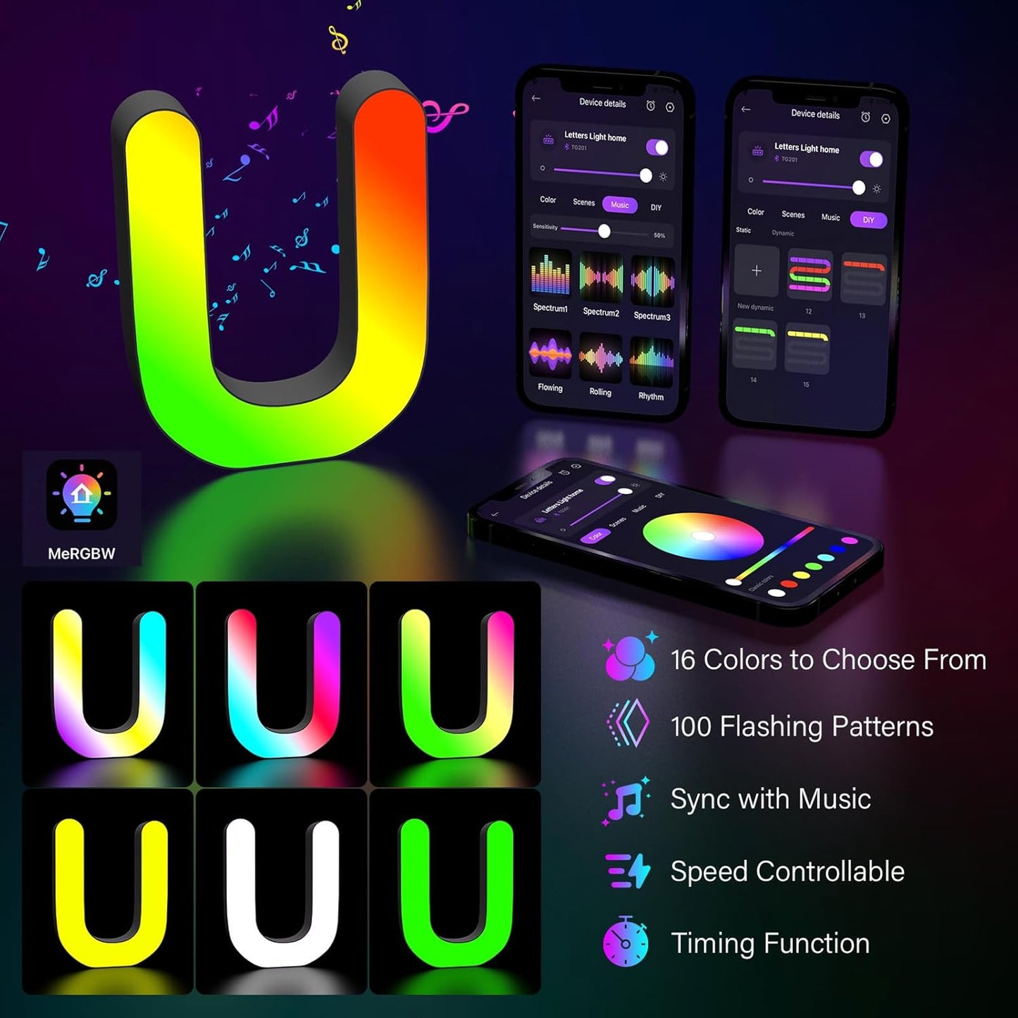 Light Up Letters Marquee Letter - Music Sync RGB Color Changing LED Lights Letter Logo Game Lights for Girls Women Party Birthday Christmas Valentine's Day Wall Desktop Decoration (MRGB-U)