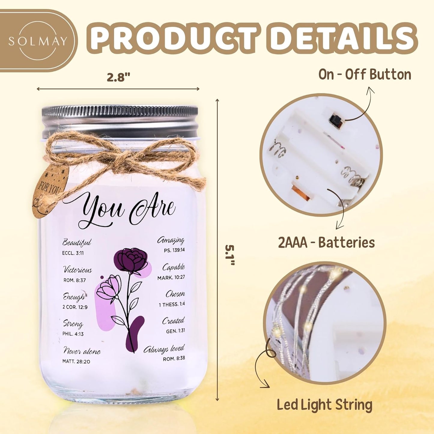 SOLMAY Birthday Gifts for Women – Christian Inspirational Mason Jar Night Light with Bible Verse Quotes – Thanksgiving & Christmas Gifts for Women – Friendship & Gratitude Jar for Mom Best Friend