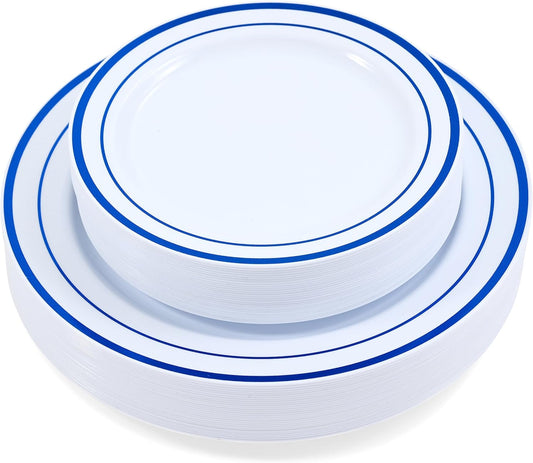 120-Piece Plastic Plates Set Premium 60 Dinner & 60 Salad Plates Pack, Disposable Plates for Party - White Plastic with Blue Rim