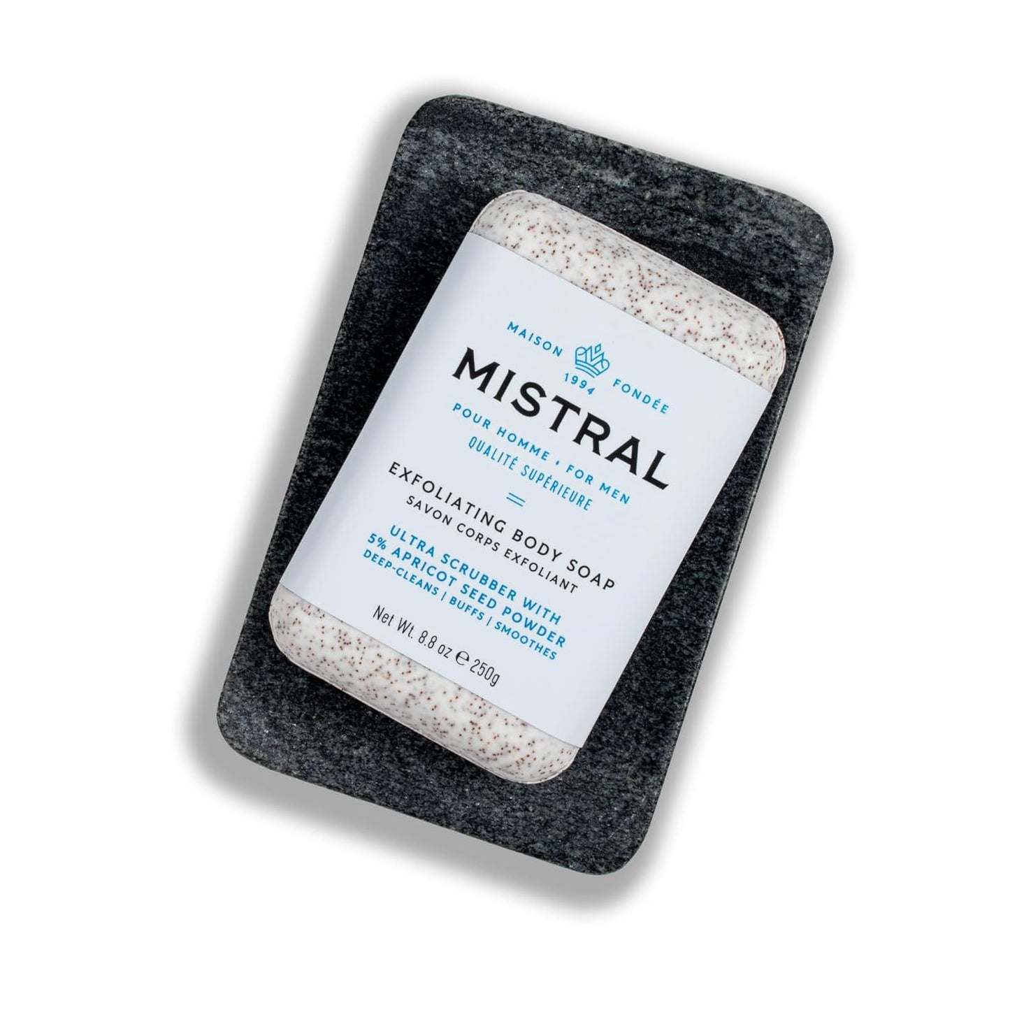 Mistral Exfoliating Bar Soap for Men - 8.8 oz | Luxury French Scrub Bar with Apricot Seed Powder, Marine Minerals, Shea Butter, pH‑Balanced, Sulfate‑Free, Daily Use | Natural Men's Body Soap