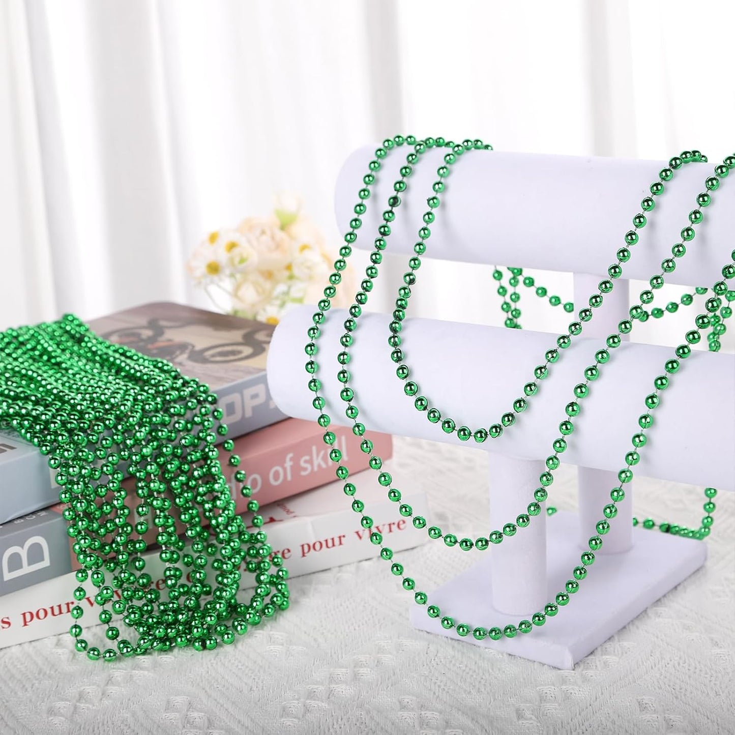 48 Pack Mardi Gras Beads Necklaces, 33 Inch Plastic Beads for Party Favors, Festival Decorations, Parade Throws, Christmas, St. Patrick's Day Celebrations