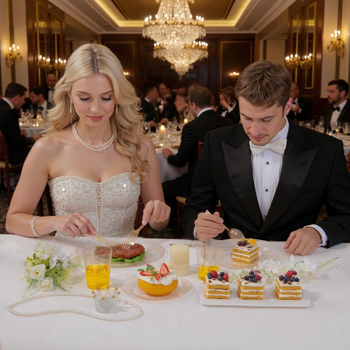 Supernal 400pcs Gold Glitter Plastic Dinnerware, Disposable Plates for Party Include 50 Gold Plastic Plate, 50pcs Dessert Plate 100 Glitter Forks, 50 Disposable Knives and Spoons, 50Cups and Napkins