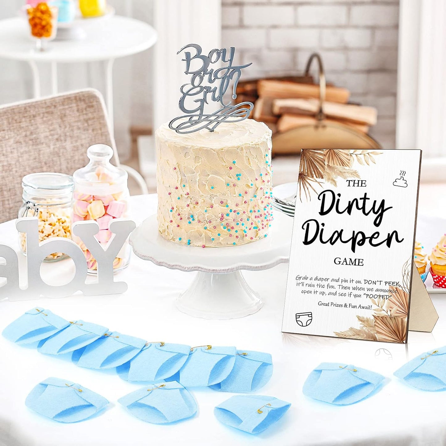 Roowest 51 Pcs Dirty Diaper Baby Shower Games Funny Wooden Sign with 50 Pcs Mini Diapers Cute Felt for Gender Reveal Party Baby Shower(Boho Blue)