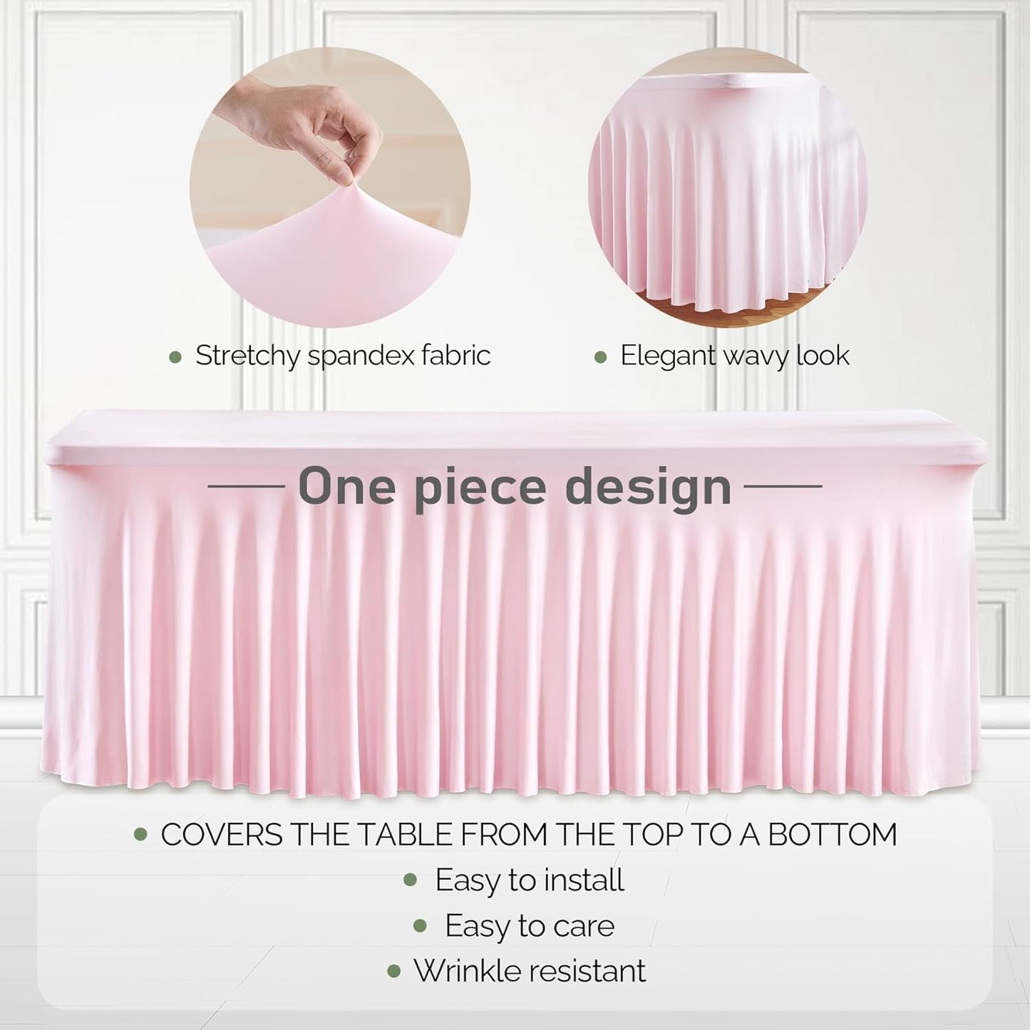 2 Packs Pink Table Clothes for 4 Foot Rectangle Tables, One-Piece Wrinkle Resistant Stretch Spandex Table Covers with Skirt for Event Banquet Wedding Birthday Party