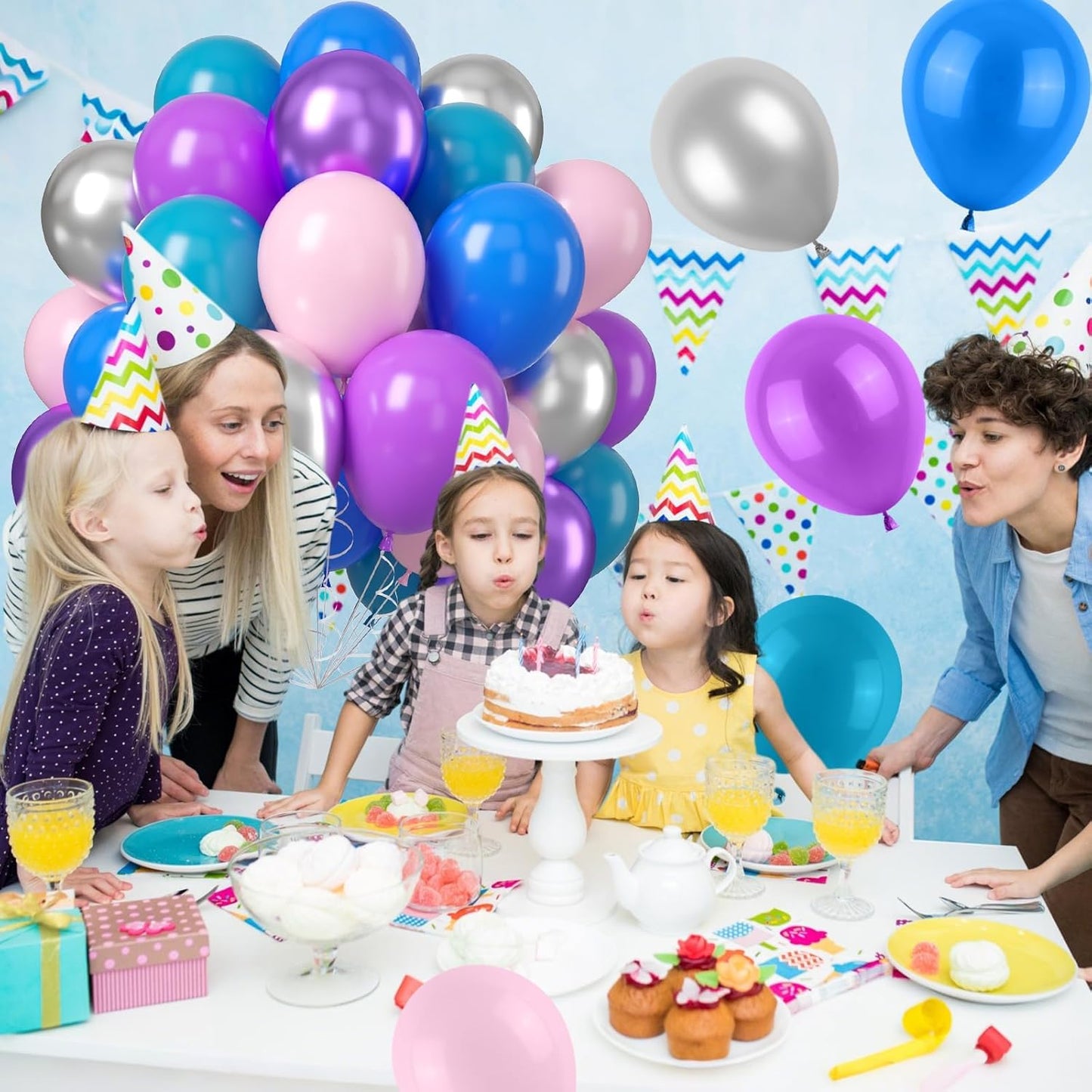 Pink Blue Purple Balloons, 50PCS 12 Inchs Pink Metallic Blue Silver Theme Balloon Latex Balloons for Kids Birthday Hawaii Tropical Party Supplies Baby Shower Party Decorations