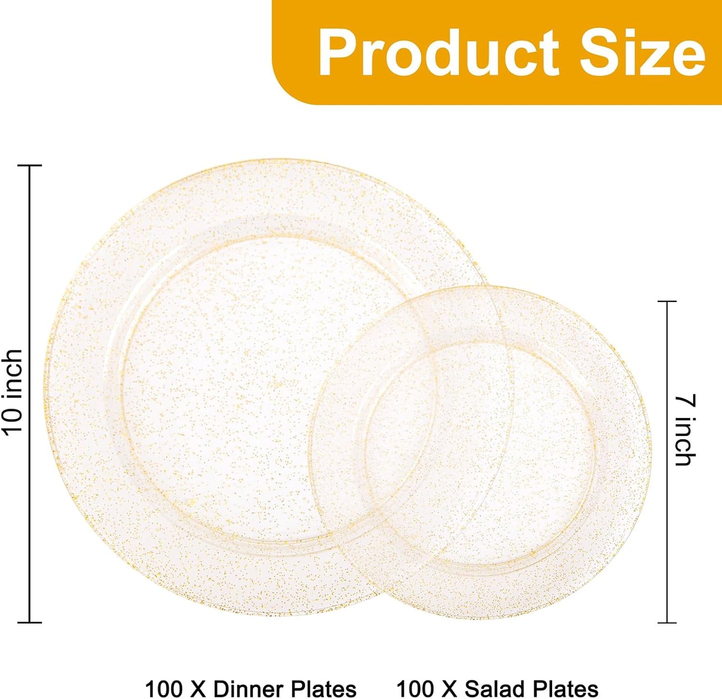 200 Pcs Gold Glitter Plastic Plates - Disposable Party Plates, Gold Glitter Disposable Plate Include 100 Dinner Plate and 100 Dessert Plate, Plastic Plate for Party, Holiday, Wedding & Birthday