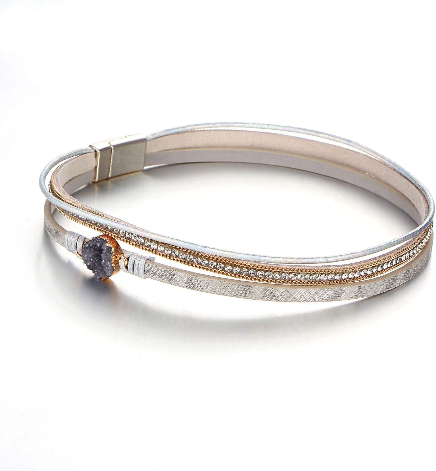 Fesciory Leather Wrap Bracelets for Women, Boho Leopard Multi-Layer Crystal Beads Cuff Bracelet Jewelry