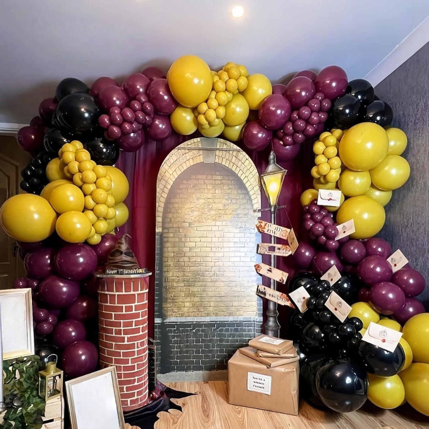144PC Magic Balloons Arch Kit, Burgundy Black Gold Balloon Garland with DIY Broom Golden Sphere Foil Balloons, Maroon Mustard Yellow Confetti Balloon for School Birthday Decorations Party
