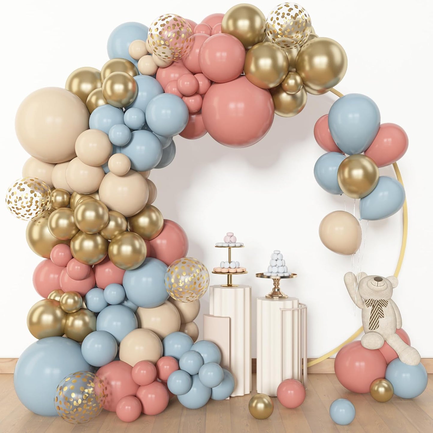 Amandir 153pcs Pink Blue Balloon Garland Arch Kit, Different Sizes 18 12 10 5 inch Dusty Pink Blue Nude Latex Metallic Confetti Gold Balloons for Gender Reveal Neutral Bear Baby Shower Decorations