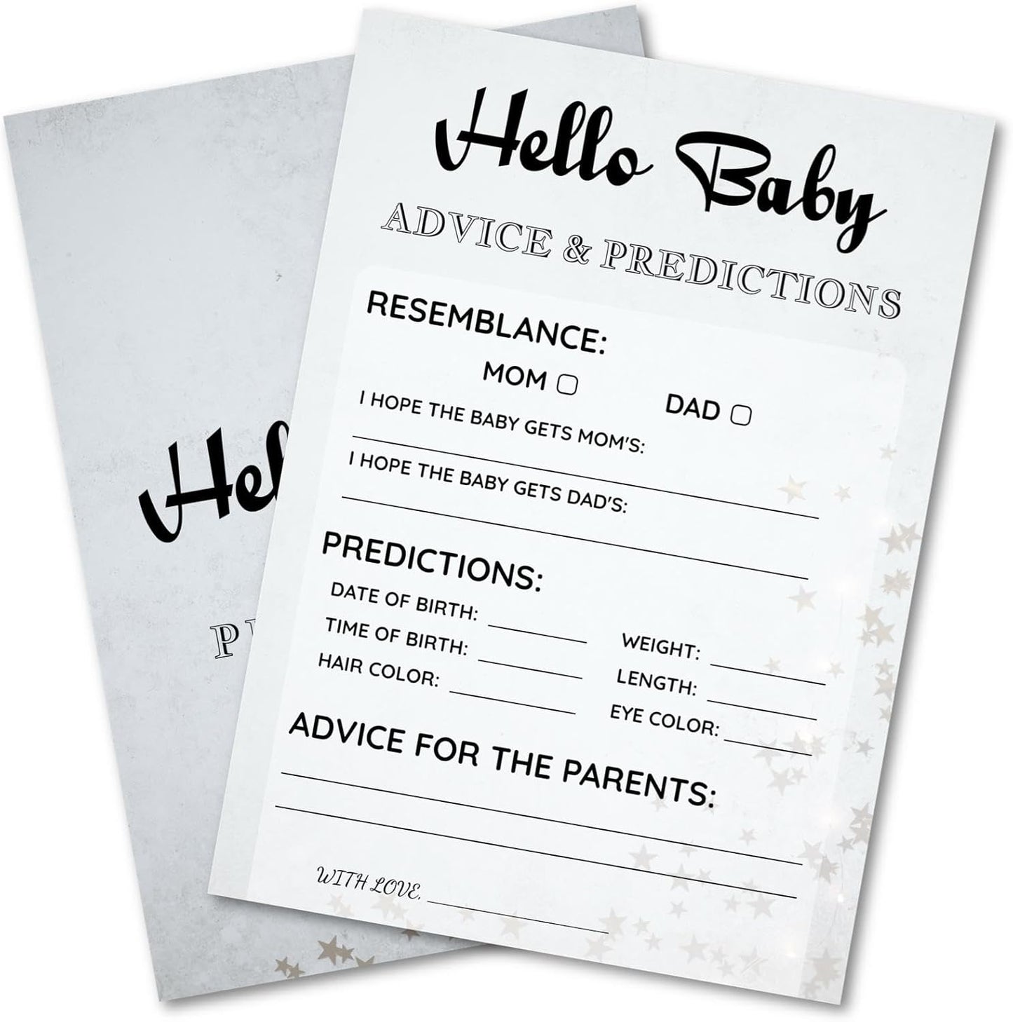 Baby Shower Advice Predictions Resemblance Cards - 30 Player Party Games - Minimalist Light Gray Stars Design - Ready to Play Family Friend 5x7 Inch (Predictions)